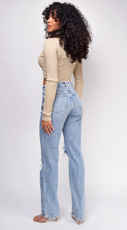 Rema Blue Knee Distressed Straight Leg Jeans
