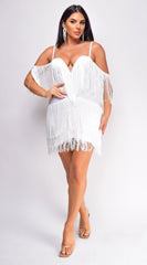Julie Fringe Off The Shoulder Bandage Dress - White