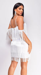 Julie Fringe Off The Shoulder Bandage Dress - White
