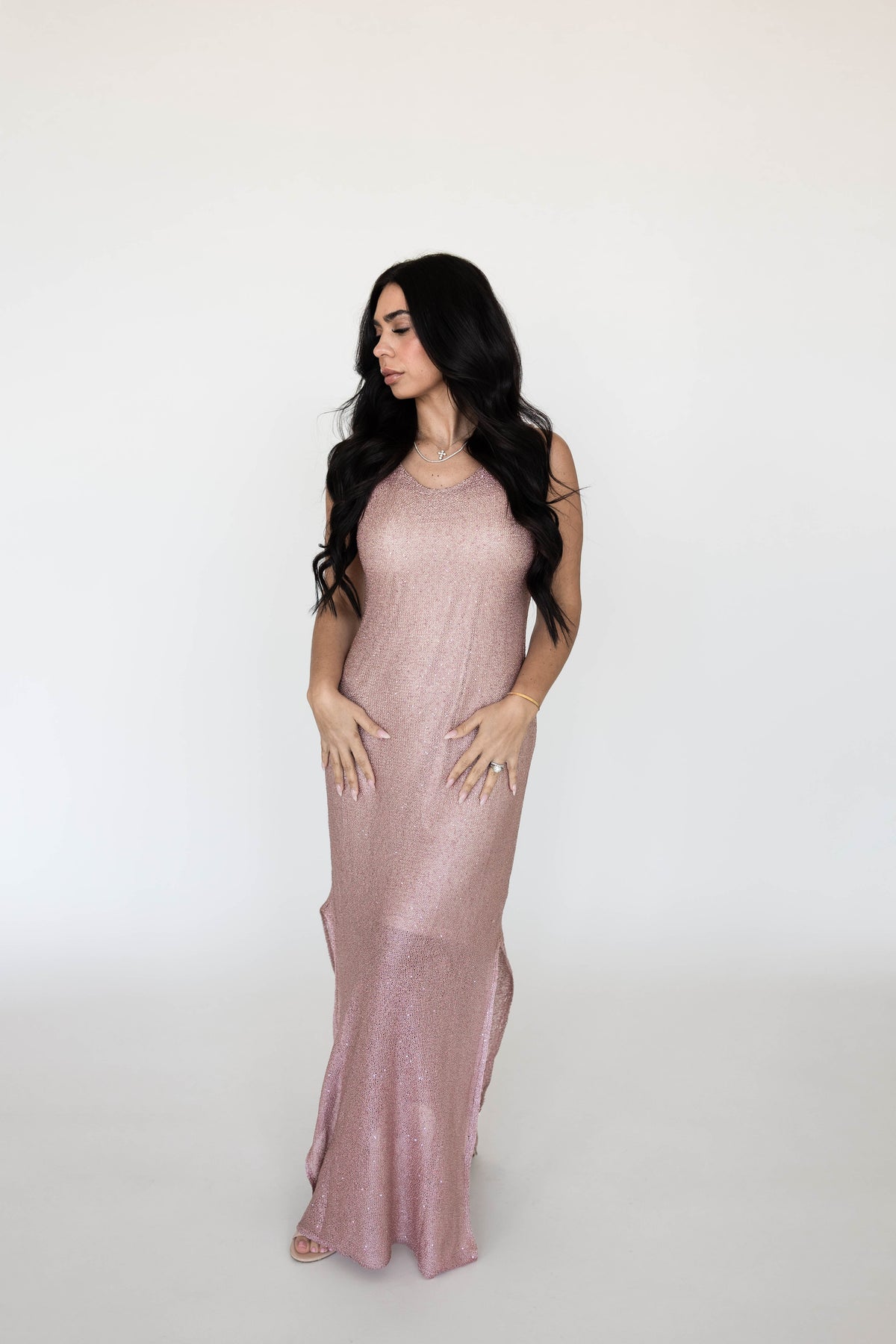 Elara Blush Shimmer Maxi Dress