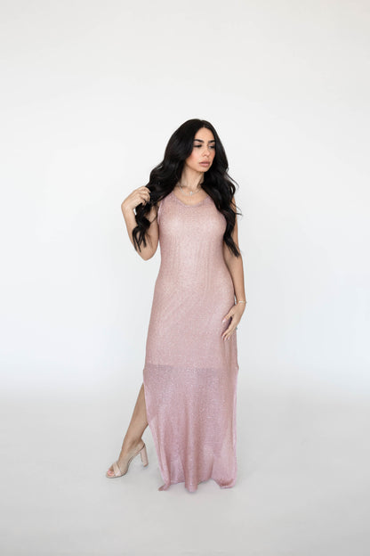 Elara Blush Shimmer Maxi Dress
