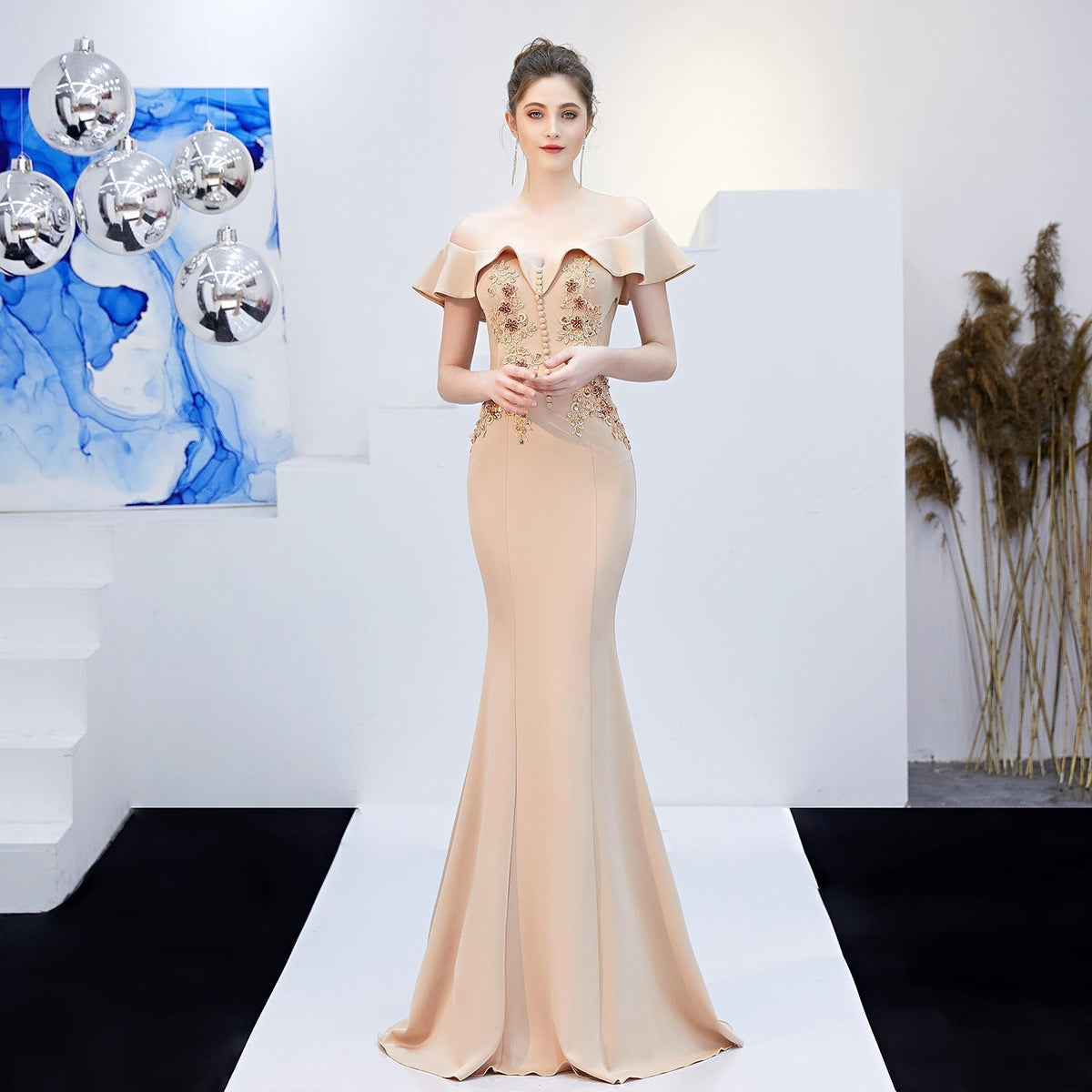 Elizabeth ruffled-strap embroidered fishtail dress