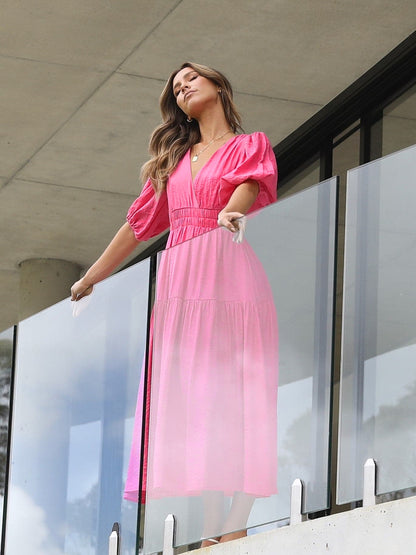 KIMONA SMOCKED SHORT SLEEVE MAXI DRESS - ORCHID