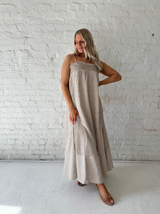 Halston Brown Stripe Smocked Tunic Maxi Dress
