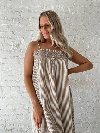 Halston Brown Stripe Smocked Tunic Maxi Dress