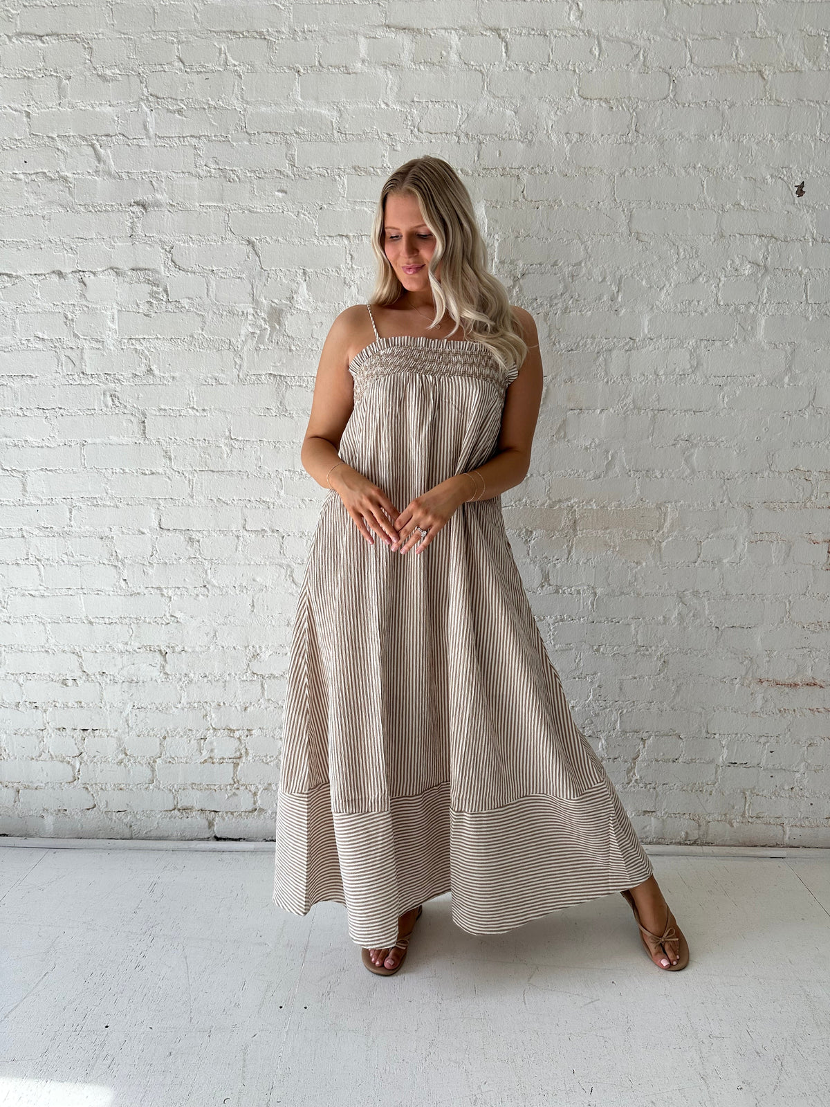 Halston Brown Stripe Smocked Tunic Maxi Dress