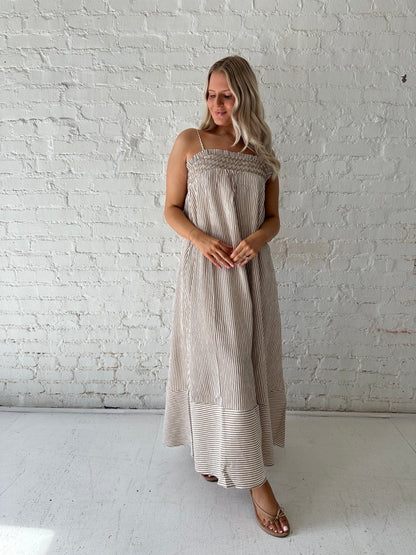 Halston Brown Stripe Smocked Tunic Maxi Dress
