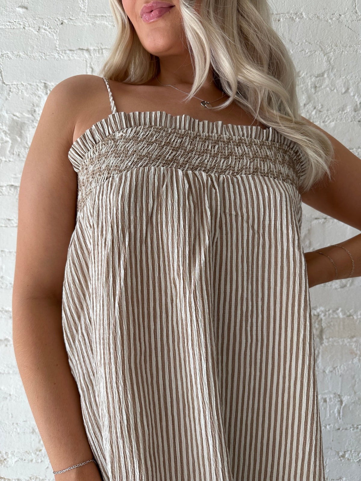 Halston Brown Stripe Smocked Tunic Maxi Dress