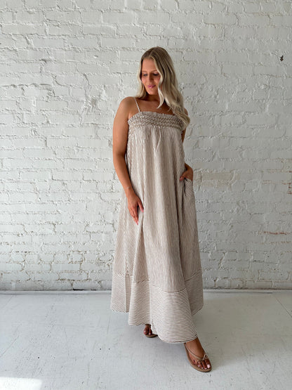 Halston Brown Stripe Smocked Tunic Maxi Dress