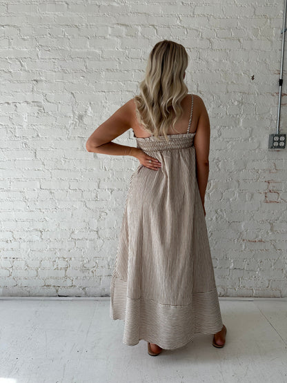 Halston Brown Stripe Smocked Tunic Maxi Dress