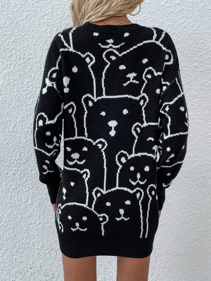 Smiley Polar Bear Knit Sweater Dress - Black