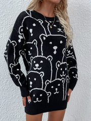Smiley Polar Bear Knit Sweater Dress - Black
