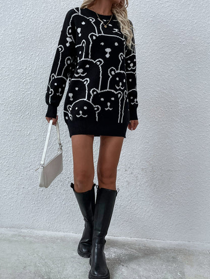 Smiley Polar Bear Knit Sweater Dress - Black