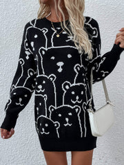 Smiley Polar Bear Knit Sweater Dress - Black
