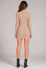 Kailee Beige High Neck Ribbed Long Sleeve Dress