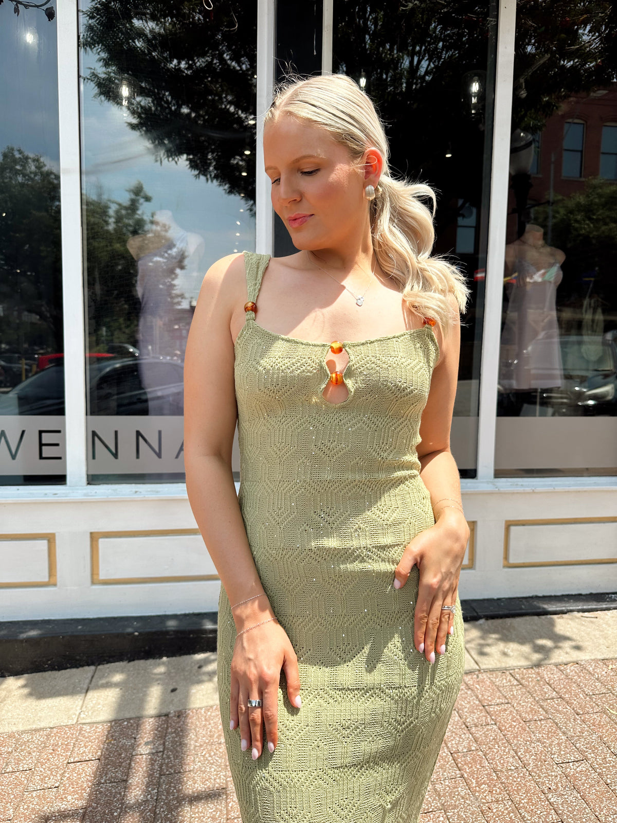 Klara Olive Green Crochet Knit Maxi Dress