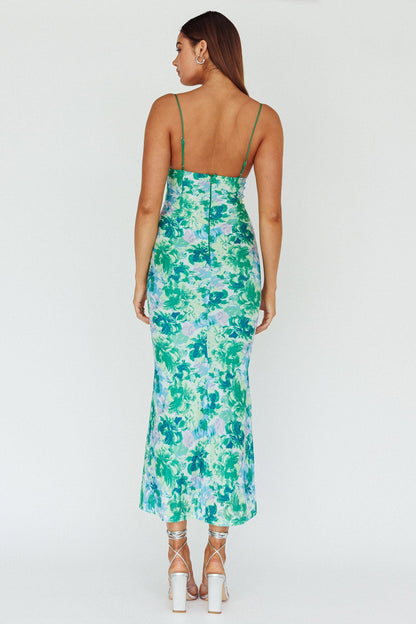 Teava Laced Waist Midi Dress Floral Green