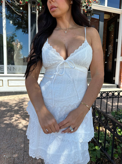 Mikayla White Lace Tiered Mini Dress