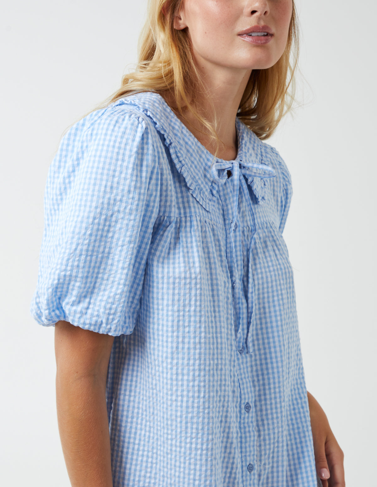 Gingham Shirt Dress With Plunge Ruffle