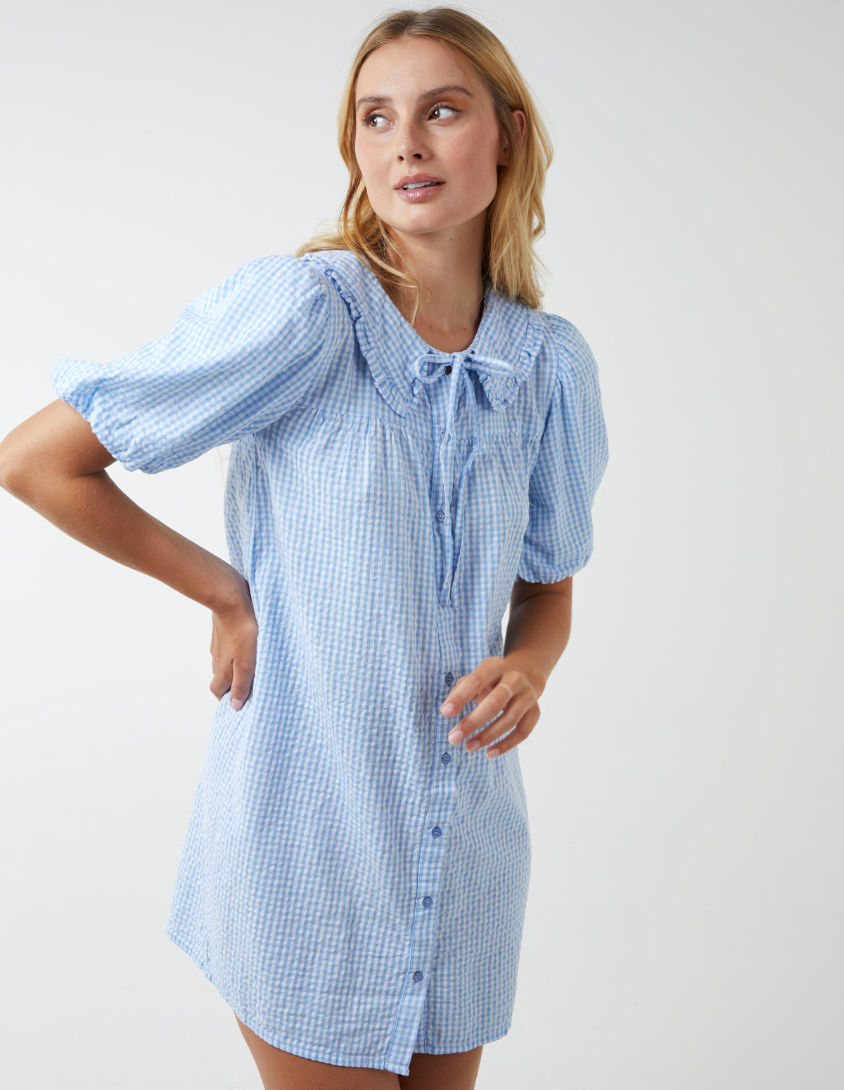 Gingham Shirt Dress With Plunge Ruffle
