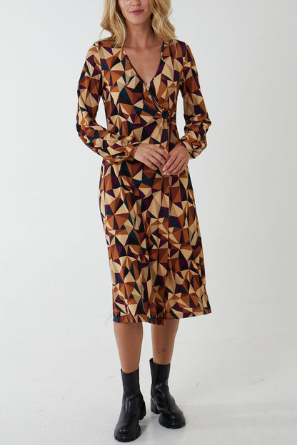 V Neck Ring Detail Midi Dress