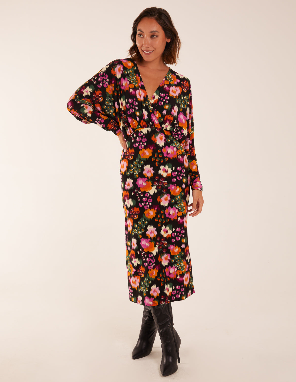 Wrap Batwing Floral Midi Dress With Side Split