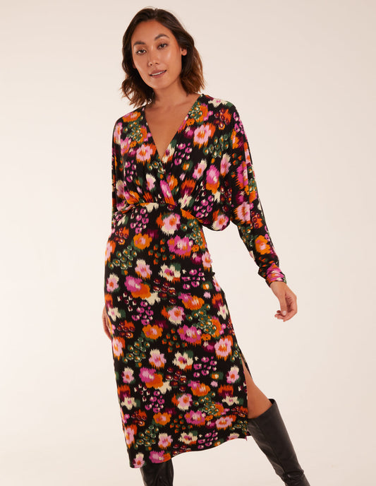 Wrap Batwing Floral Midi Dress With Side Split