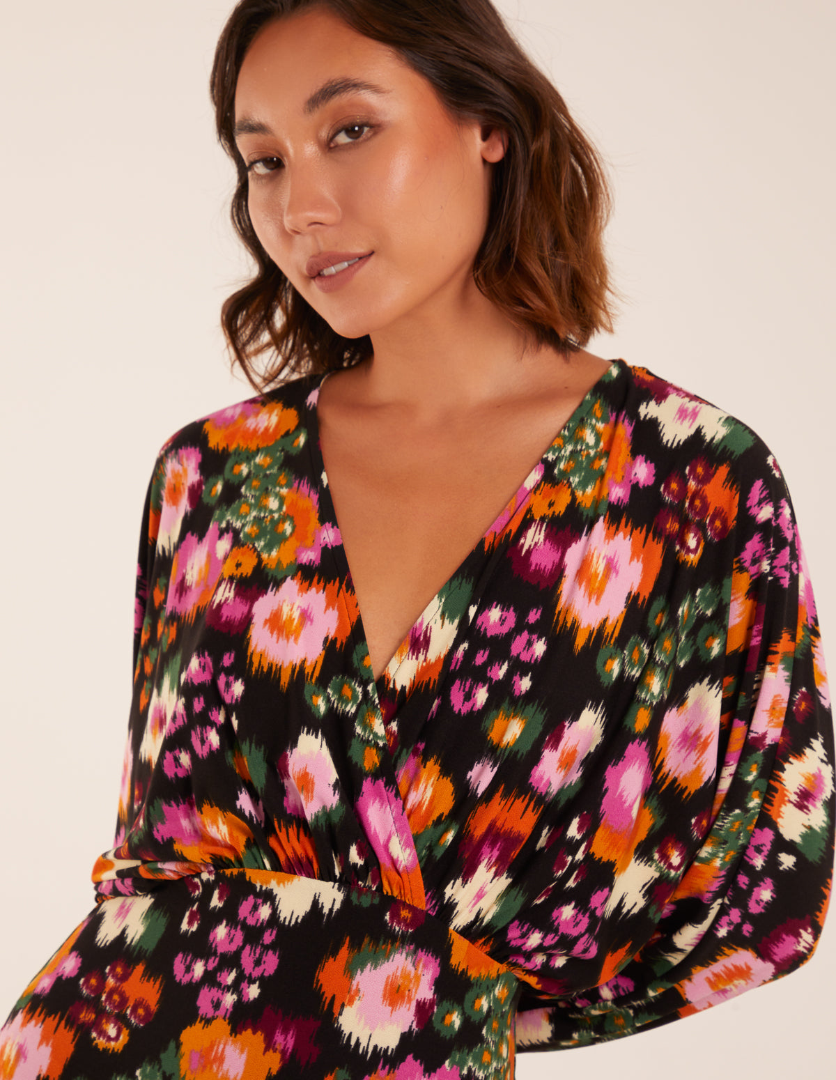 Wrap Batwing Floral Midi Dress With Side Split