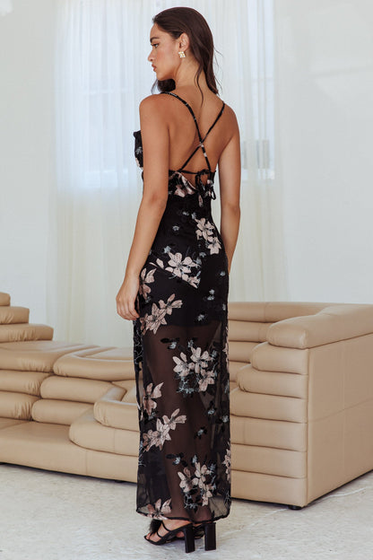 Personal Invitation Split Maxi Dress Flowers Black