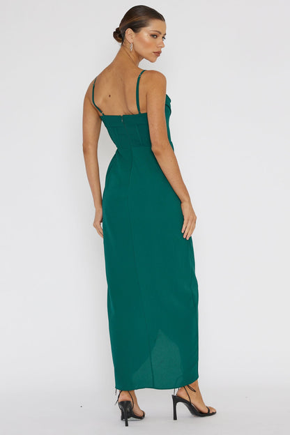 Patrice Draped Neck Split Midi Dress Forest Green
