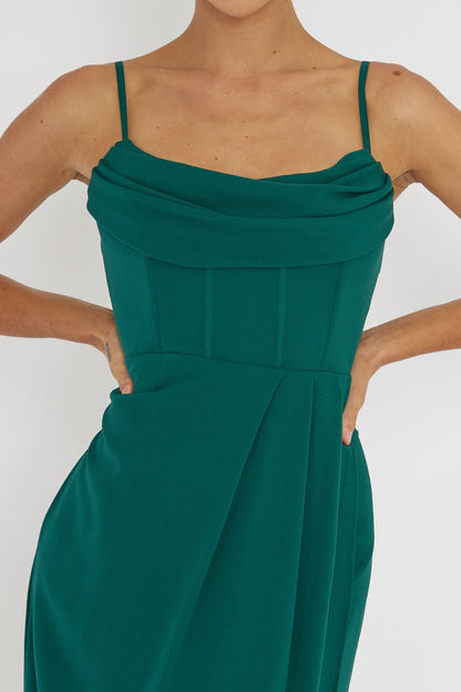 Patrice Draped Neck Split Midi Dress Forest Green