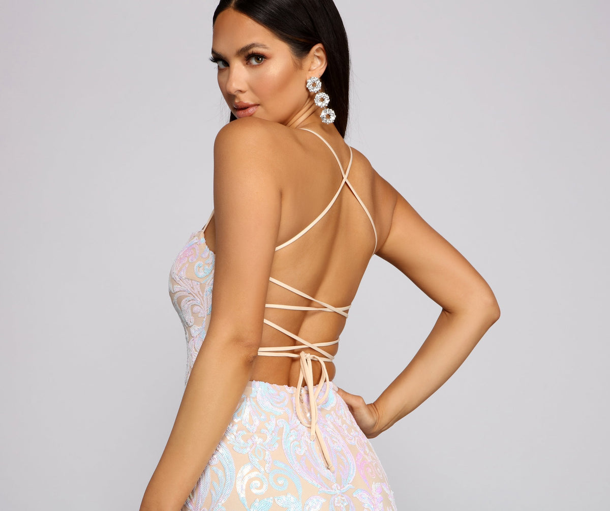 Priya Formal Iridescent Sequin Scroll Dress