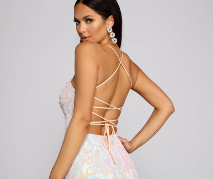Priya Formal Iridescent Sequin Scroll Dress