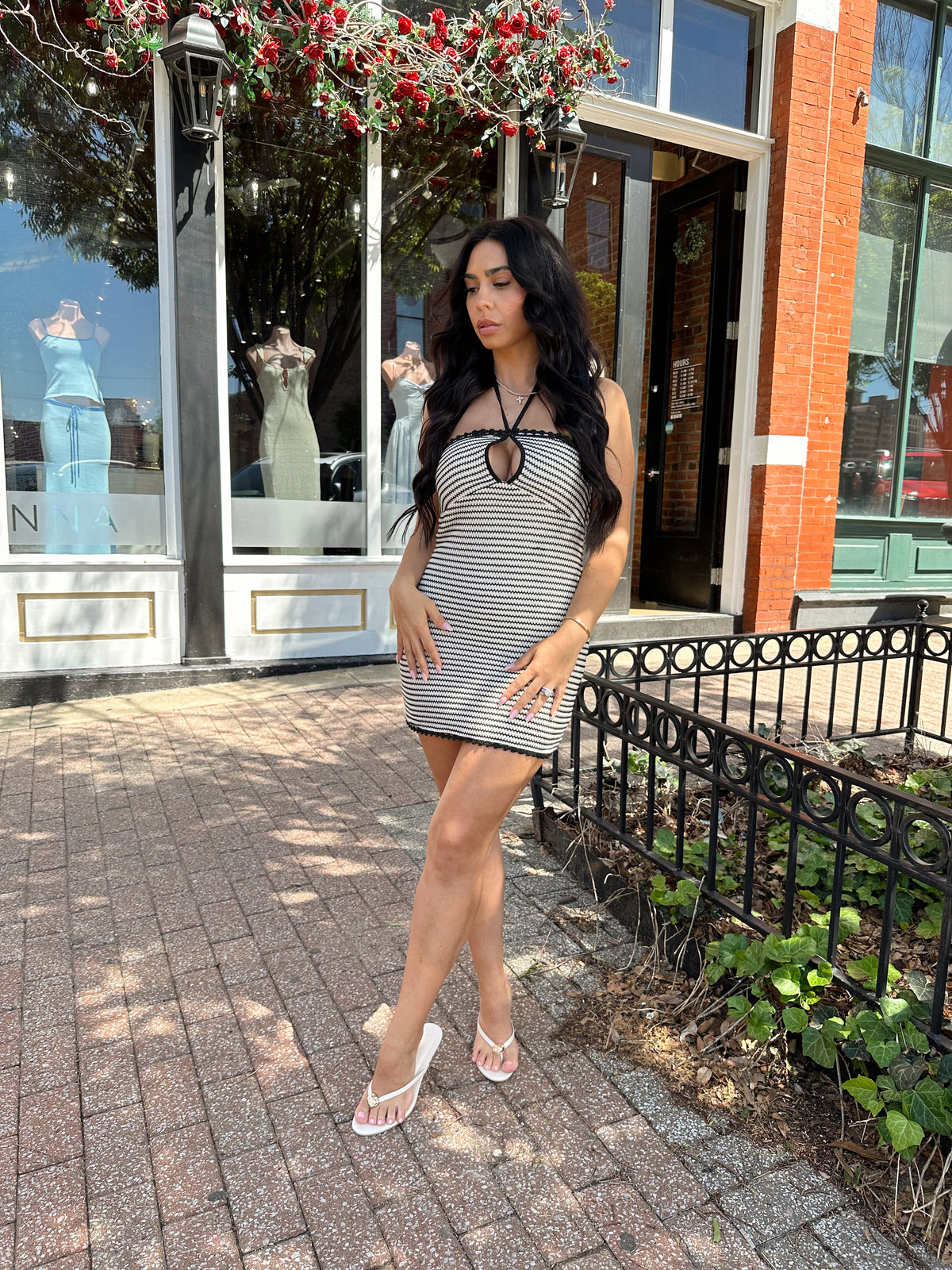 Rhea Black & Neutral Striped Crochet Mini Dress