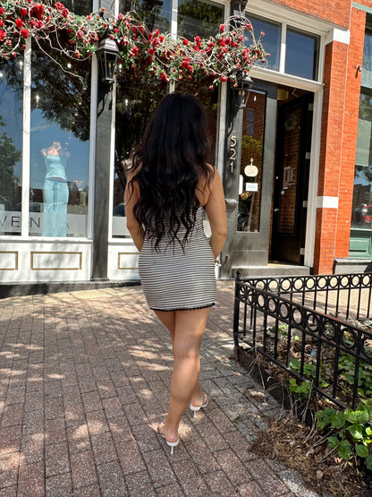 Rhea Black & Neutral Striped Crochet Mini Dress