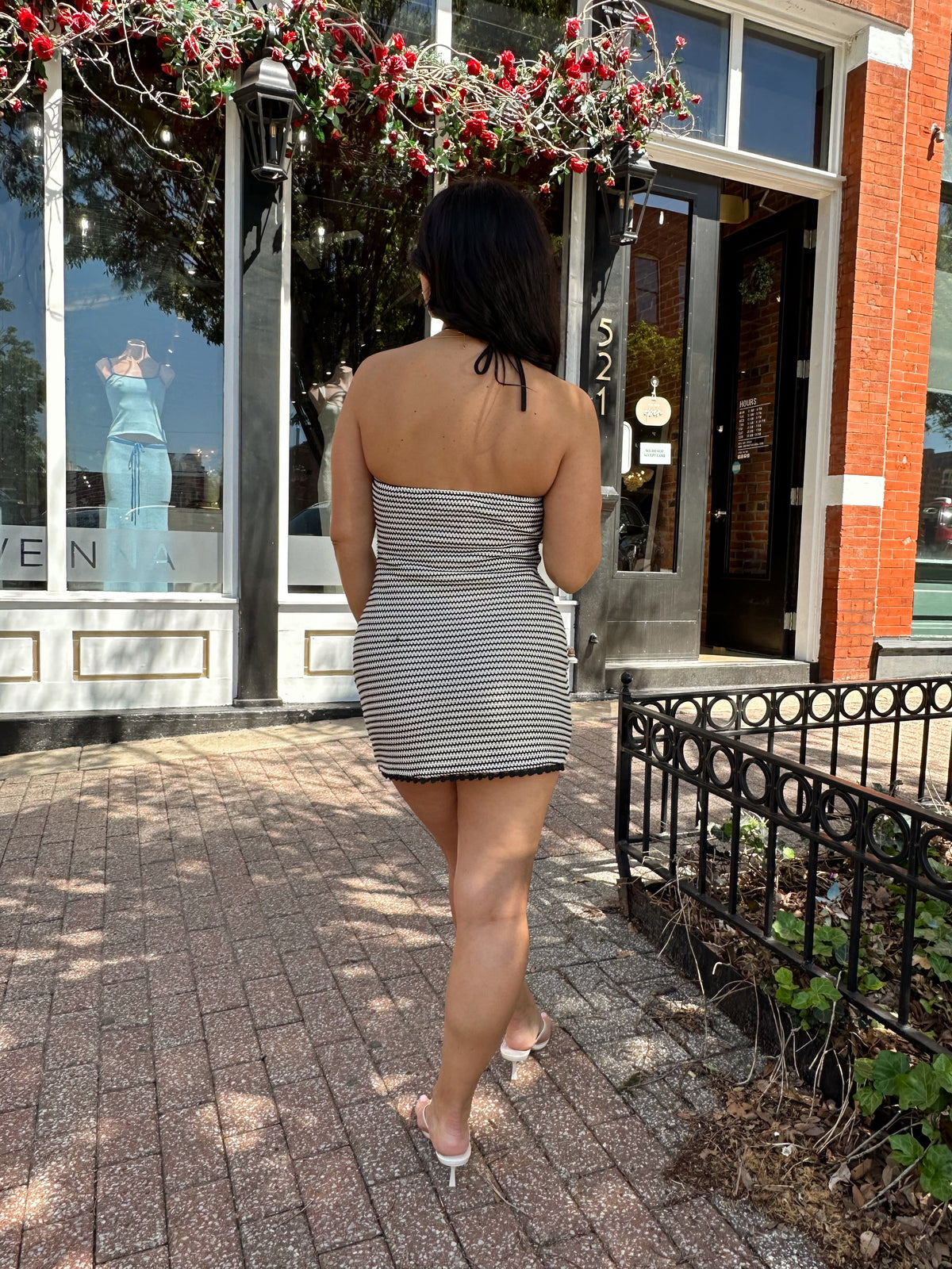 Rhea Black & Neutral Striped Crochet Mini Dress