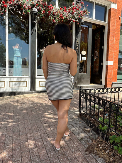 Rhea Black & Neutral Striped Crochet Mini Dress