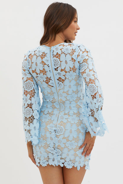 Reinhart Flared Sleeve Crochet Lace Dress Baby Blue