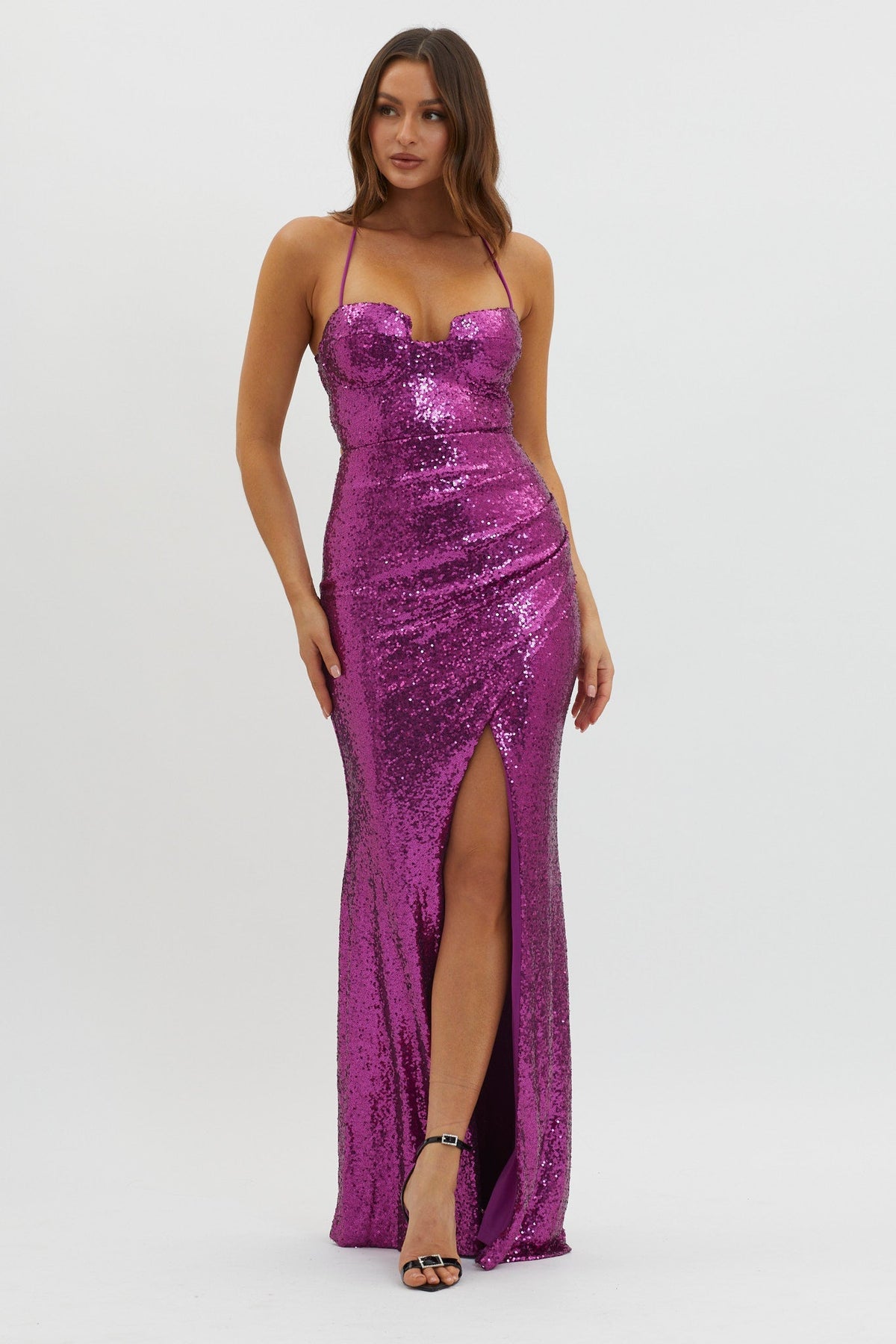 Starry Eyes Lace-Up Back Sequin Maxi Dress Magenta