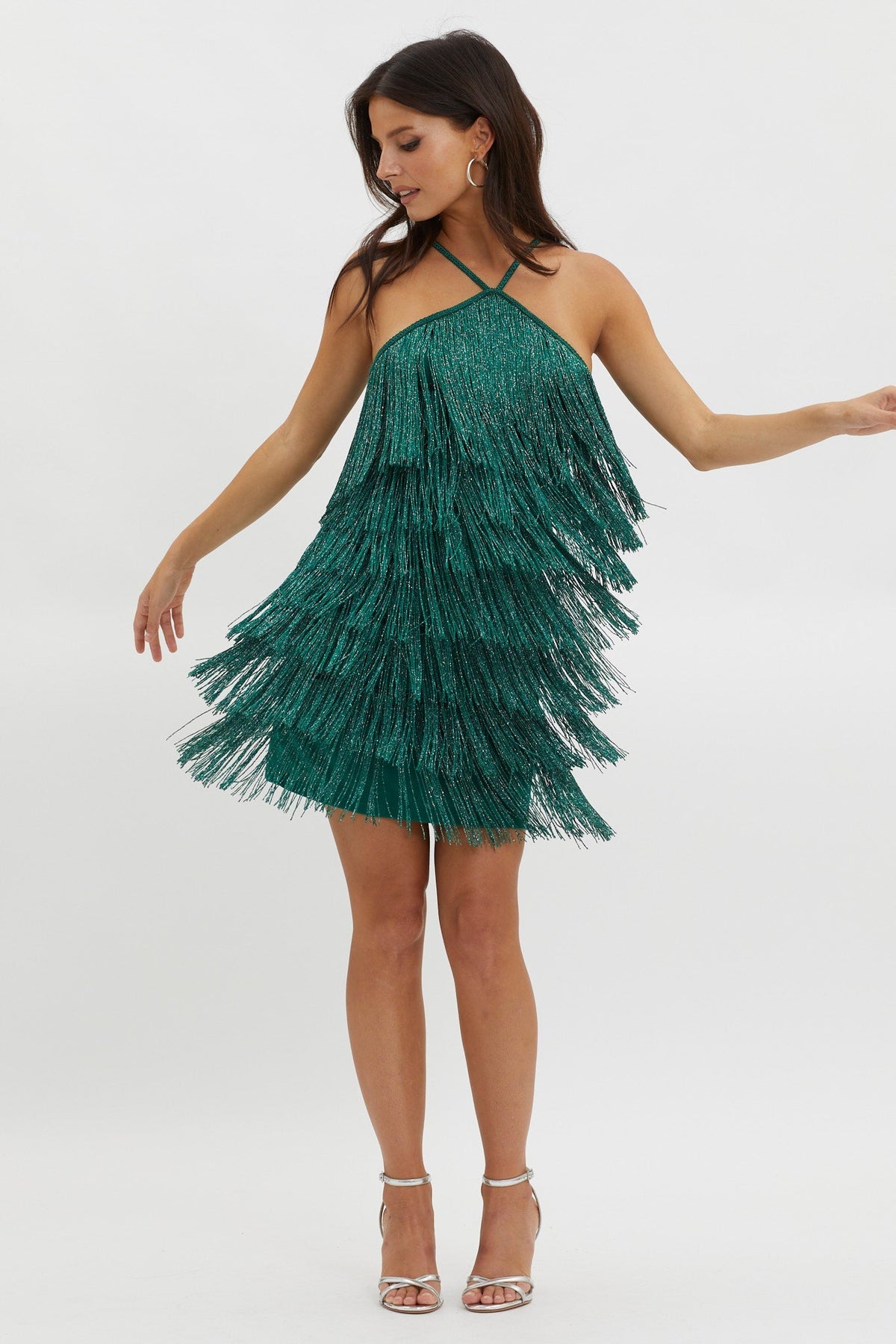 Boulevarde Fringe Trim Mini Dress Dark Green