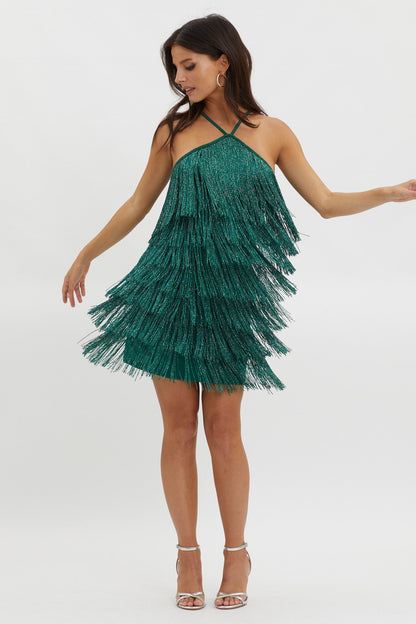 Boulevarde Fringe Trim Mini Dress Dark Green