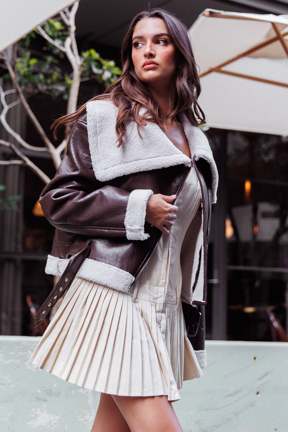 Aviatrix Faux Leather Sherpa Jacket Brown