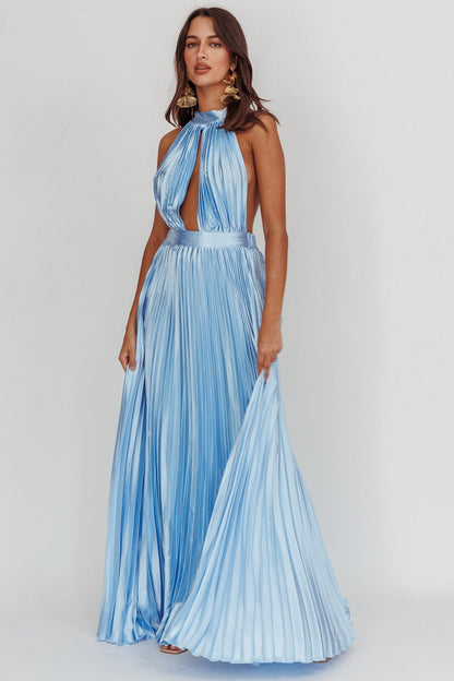 Monarch Pleated Satin Maxi Dress Light Blue