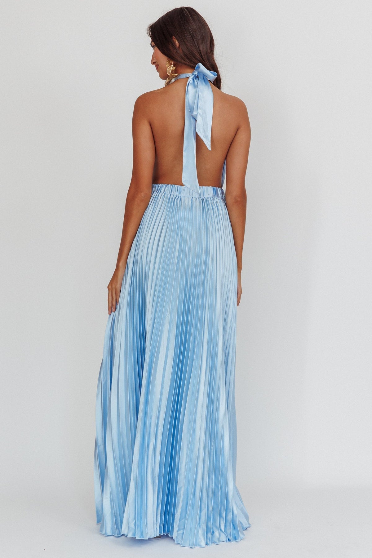 Monarch Pleated Satin Maxi Dress Light Blue