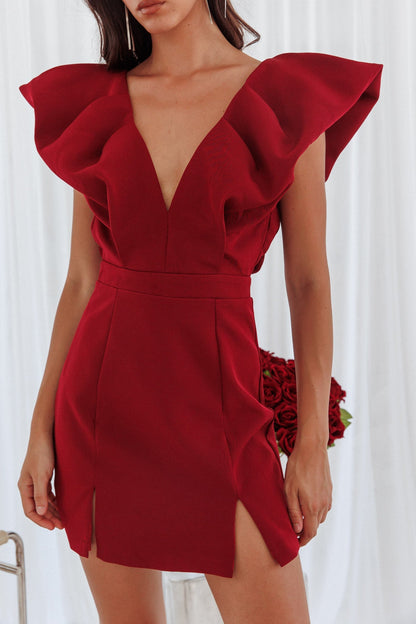 Liardon Bubble Sleeve V-Neckline Mini Dress Wine