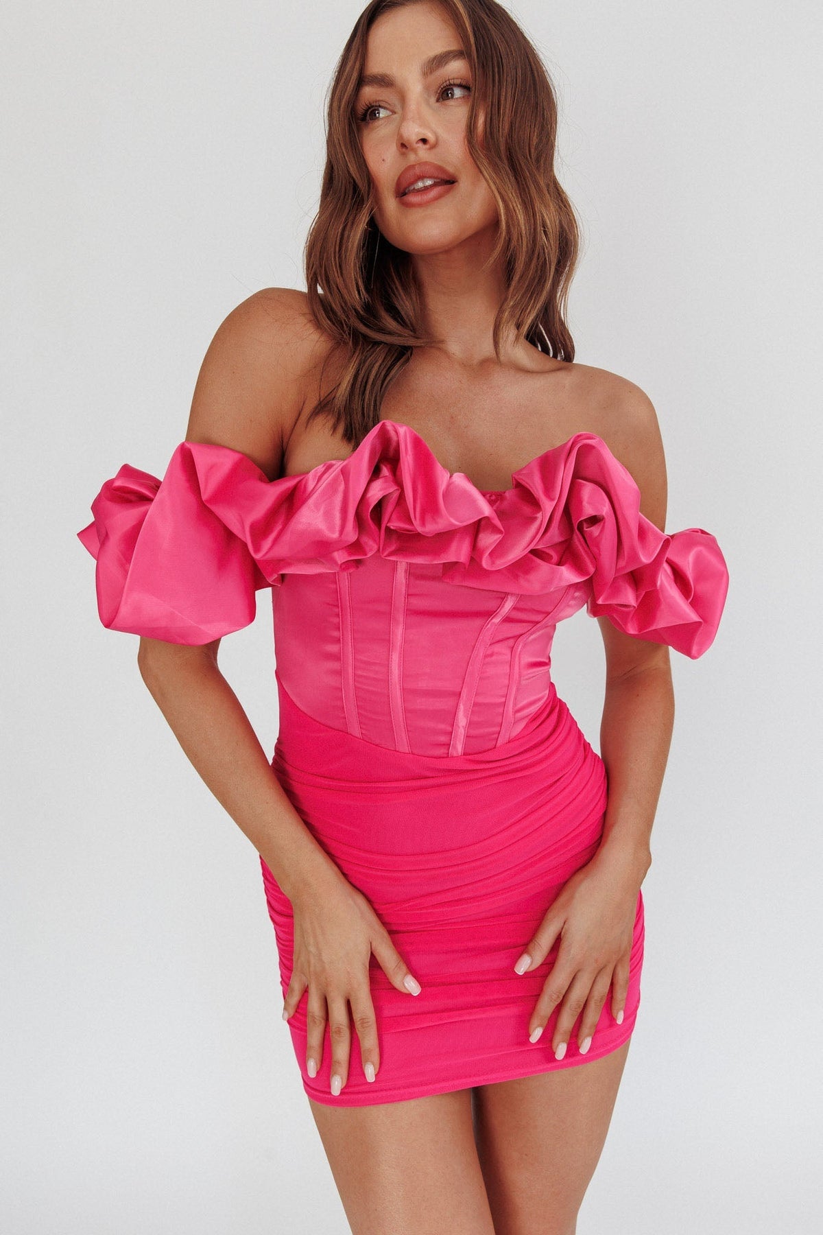 Arista Off-Shoulder Ruched Mini Dress Hot Pink