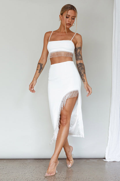 Attention Seeker Diamante Trim Midi Skirt Off White