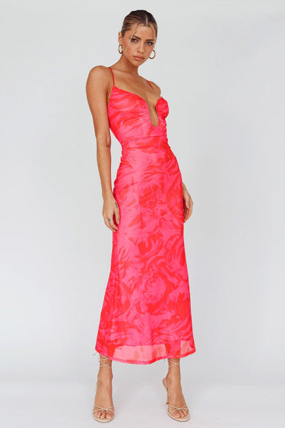 Nouveau U-Neckline Midi Dress Marbled Pink