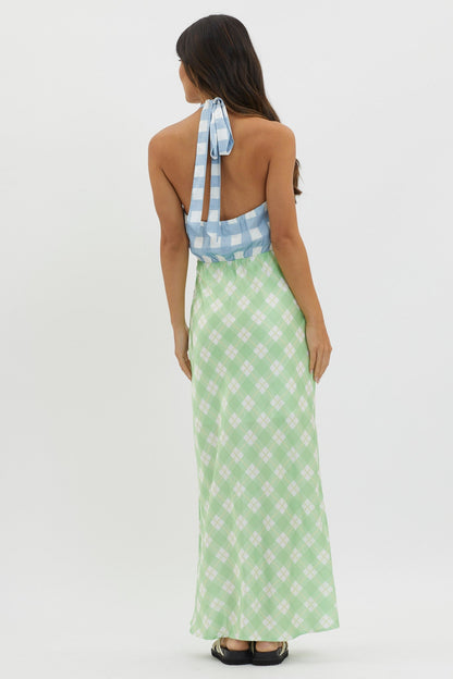 Lavara Halterneck Maxi Dress Checker Green