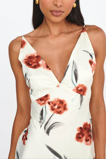 Corinna Tied Waist Split Dress Floral Poppy